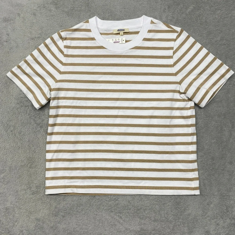 Madewell Tee Womens Medium Tan White Striped Heavyweight Cotton Jersey NZ396 - Picture 3 of 9